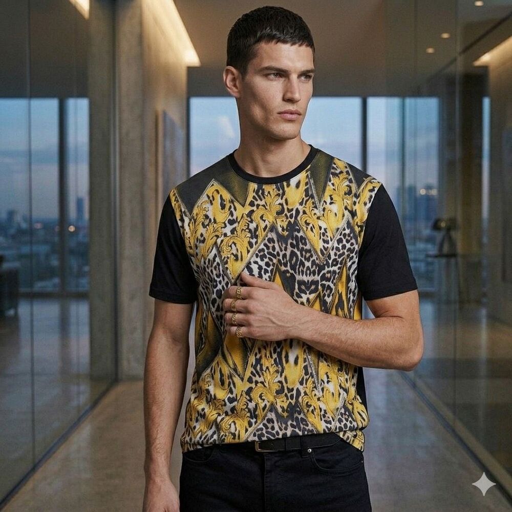 Versace Jeans Barocco Tribal Design T-Shirt Black Gold NWT *FLAW